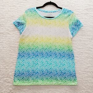 T-Shirt Woman Teal Lime Yellow Chevron Brazilcore Coastal Casual Cruise Size L